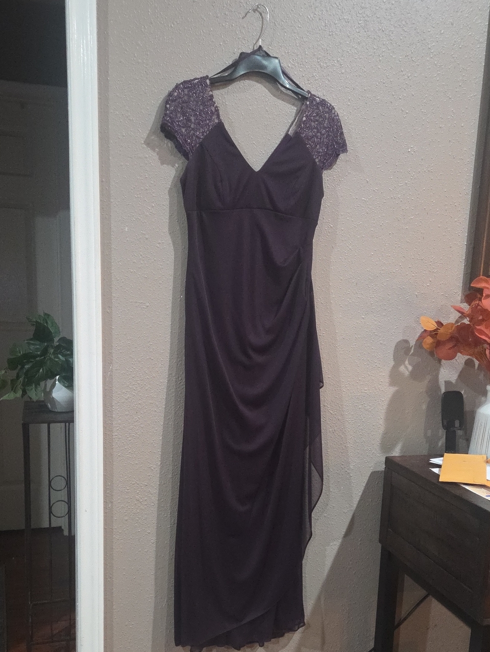 New! Xscape Deep Plum Maxi Dress with Beaded Cap Sleeves